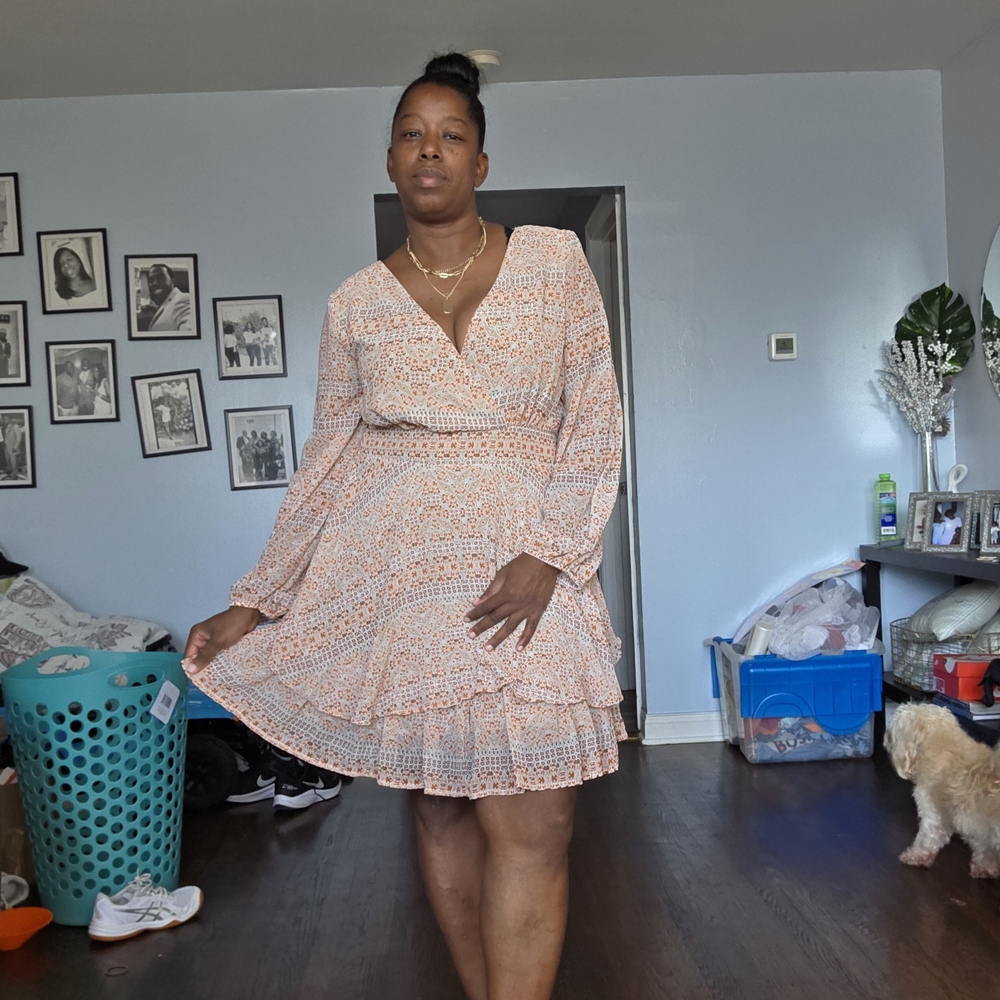 Japna Long Sleeve Dress in Cream and Orange